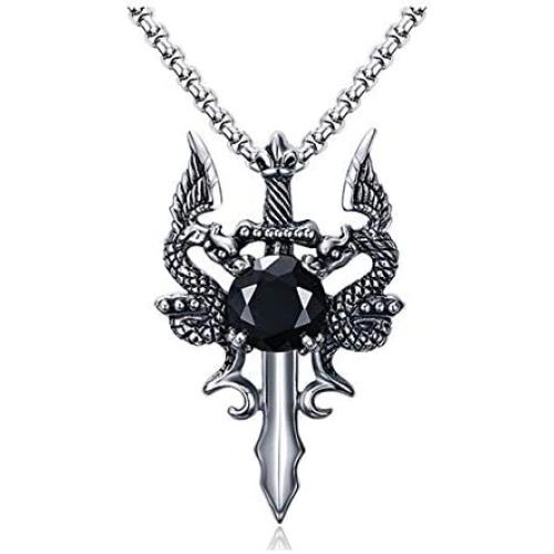 Dragon Sword Necklace for Men or Women Stainless Steel Black Cubic Zirconia Punk Gothic Vintage Look Mythical Pendant with Chain Fantasy Fashion Jewelry by Ginger Lyne
