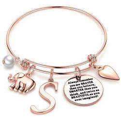 M MOOHAM Elephant Gifts for Women Girls, Rose Gold Initial Elephant Charm Bracelets for Women Girls Friends Mom Daughter Birthday Inspirational Jewelry