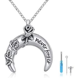 Waysles Rose Flower/Tree of Life/Photo Urn Necklace S925 Sterling Silver Cremation Jewelry Vintage Oxidized Memorial Pendant Necklace Family Jewelry with Fill Kit and Gift Box (Moon Rose Flower)
