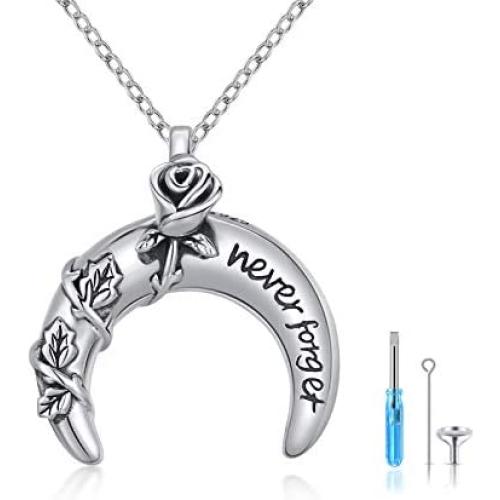 Waysles Rose Flower/Tree of Life/Photo Urn Necklace S925 Sterling Silver Cremation Jewelry Vintage Oxidized Memorial Pendant Necklace Family Jewelry with Fill Kit and Gift Box (Moon Rose Flower)