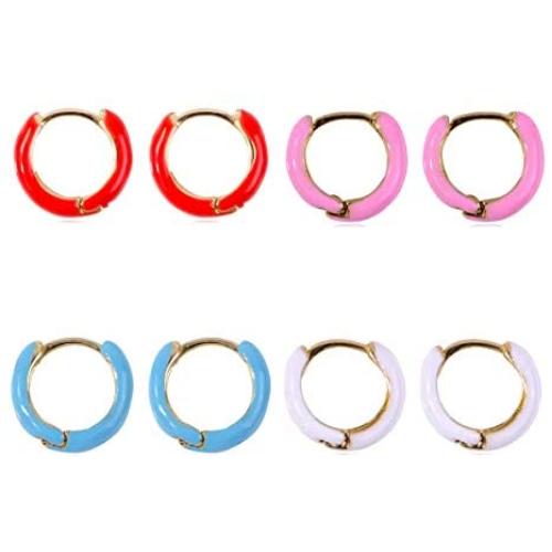 4 Pairs Colorful Enamel Copper Hoop Earrings Bohemia Enameled Small Mini Round Circle Charm Statement Earring Gold Plated Loop Earrings for Women Girls Jewelry