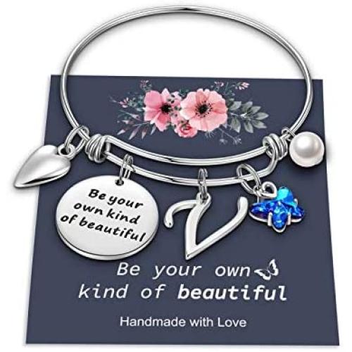 Butterfly Charm Bracelets for Women, Be Your Own Kind of Beautifully Inspirational Bangle Bracelet Expandable 26 Letters Initial Charm Butterfly Bracelets for Women Girls Personalized Jewelry Gifts
