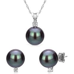 La Regis Jewelry Black Freshwater Cultured Pearl Pendant Necklace 14K Gold Stud Earrings (G-H, SI1-SI2) - Choice of Pearl Sizes