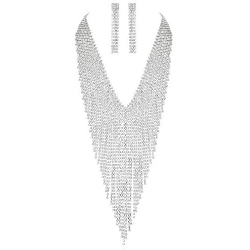 SP Sophia Collection Womens Dazzling V-Neck Waterfall Rhinestone Fringe Sweeper Necklace and Earring Set