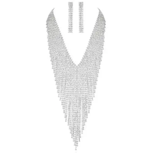 SP Sophia Collection Womens Dazzling V-Neck Waterfall Rhinestone Fringe Sweeper Necklace and Earring Set SP Sophia Collection Womens Dazzling V-Neck Waterfall Rhinestone Fringe Sweeper Necklace and Earring Set