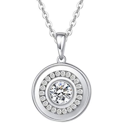 FANCIME 925 Sterling Silver CZ Cubic Zirconia Round Disc Heart Shaped Pendant Necklace Tennis Bracelet Jewelry Anniversary Birthday Gift for Womem Girls Mother with Box