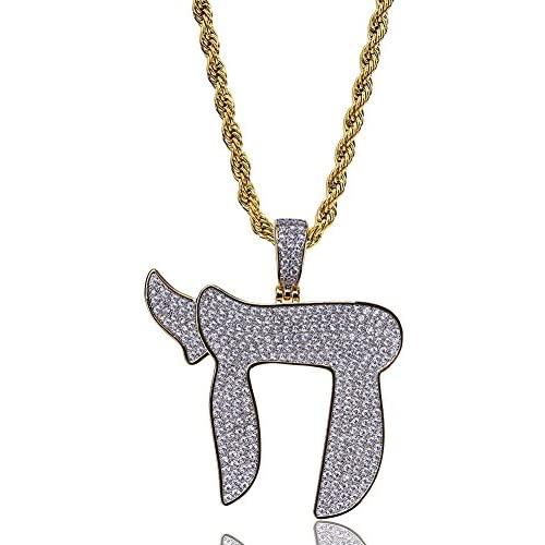 TOPGRILLZ Iced Out CZ Cluster Zircon Hip Hop 18K Gold Plated Jewish Chai Pendant Necklace with Rope Chain