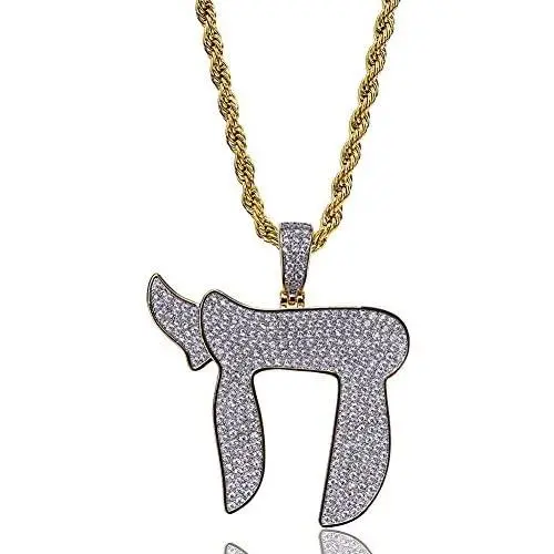 TOPGRILLZ Iced Out CZ Cluster Zircon Hip Hop 18K Gold Plated Jewish Chai Pendant Necklace with Rope Chain TOPGRILLZ Iced Out CZ Cluster Zircon Hip Hop 18K Gold Plated Jewish Chai Pendant Necklace with Rope Chain