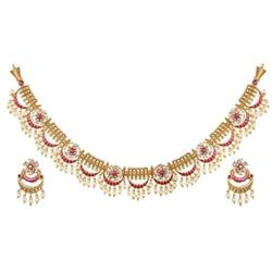 Tarinika Videni Antique Gold-Plated Indian Jewelry Set with Necklace and Earrings - White Red