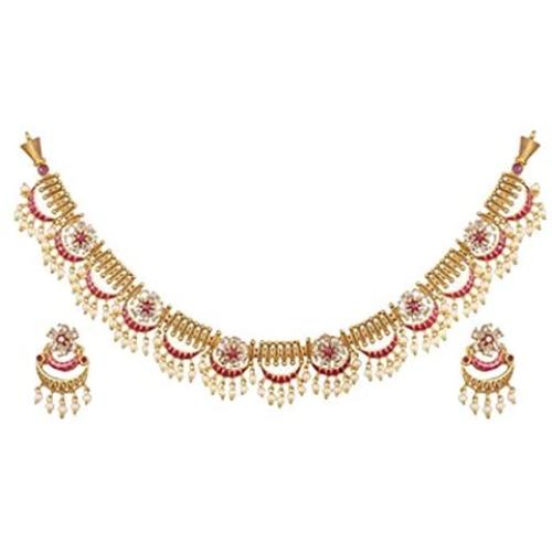 Tarinika Videni Antique Gold-Plated Indian Jewelry Set with Necklace and Earrings - White Red