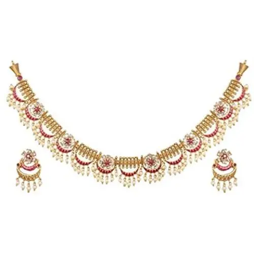Tarinika Videni Antique Gold-Plated Indian Jewelry Set with Necklace and Earrings - White Red Tarinika Videni Antique Gold-Plated Indian Jewelry Set with Necklace and Earrings - White Red