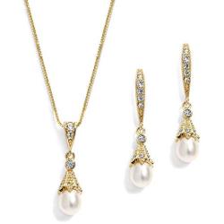 Mariell Gold Wedding Necklace & Earrings Jewelry Set with Freshwater Pearl for Bridesmaids & Brides