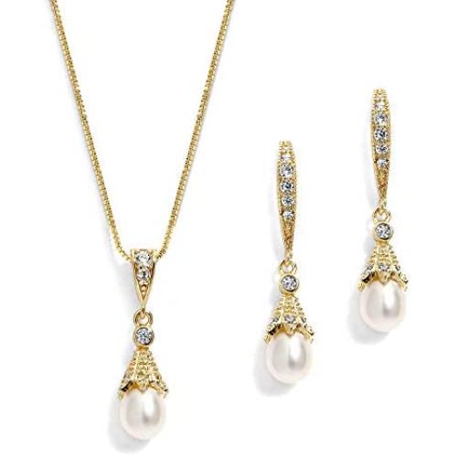 Mariell Gold Wedding Necklace & Earrings Jewelry Set with Freshwater Pearl for Bridesmaids & Brides