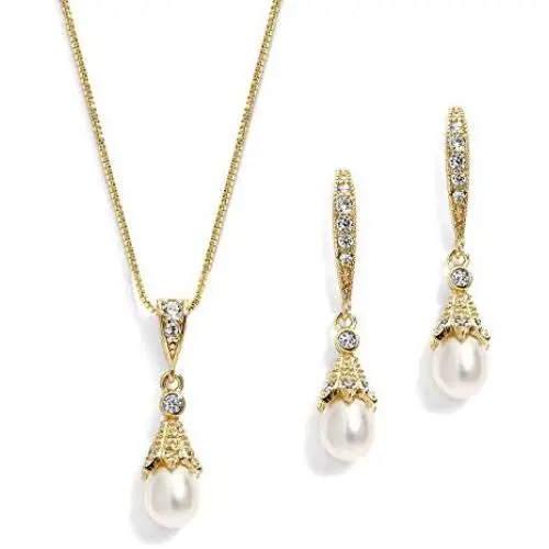 Mariell Gold Wedding Necklace & Earrings Jewelry Set with Freshwater Pearl for Bridesmaids & Brides Mariell Gold Wedding Necklace & Earrings Jewelry Set with Freshwater Pearl for Bridesmaids & Brides