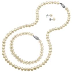 JewelExclusive Sterling Silver 6-6.5mm White Genuine Freshwater Pearl Earrings, Necklace & Bracelet Set