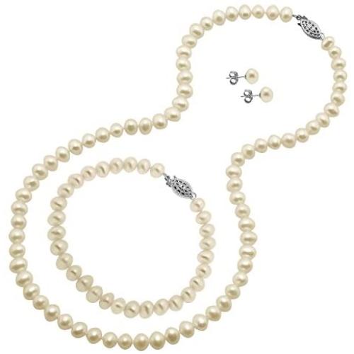 JewelExclusive Sterling Silver 6-6.5mm White Genuine Freshwater Pearl Earrings, Necklace & Bracelet Set