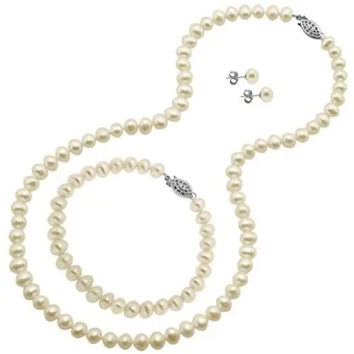 JewelExclusive Sterling Silver 6-6.5mm White Genuine Freshwater Pearl Earrings, Necklace & Bracelet Set JewelExclusive Sterling Silver 6-6.5mm White Genuine Freshwater Pearl Earrings, Necklace & Bracelet Set