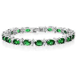 Gem Stone King 7 Inch Green and White CZ Bracelet Set With Matching 2 Inch Oval shape Dangle Earrings