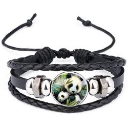 Womens Giant Panda Baby Pictures Black Leather Bracelet Multi Layer Lovely Cartoon Animal Glass Cabochon Bangle for Girl Boy