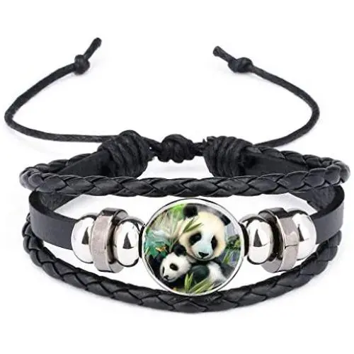 Womens Giant Panda Baby Pictures Black Leather Bracelet Multi Layer Lovely Cartoon Animal Glass Cabochon Bangle for Girl Boy