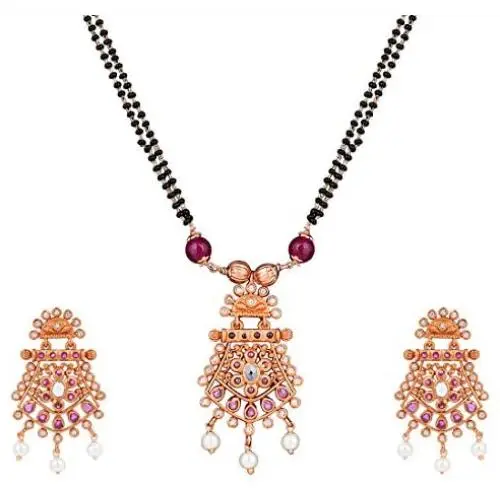 Aheli Classy Stone Beads Studded Pendant Mangalsutra Long Black Beaded Chain Indian Traditional Jewelry for Women