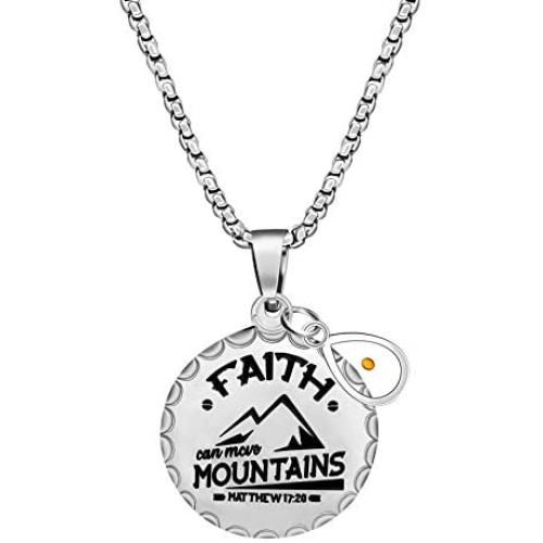 Stainless Steel Christian Coin Pendant Necklace Faith Can Move Mountains Matthew 19:20 with Mustard Seed Charms