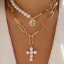 Fstrend Fashion Layered Necklace Gold Pearl Coin Pendant Chain Cross Statement Multilayer Necklaces Jewelry for Women and Girls(2Pcs)