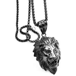 Mens Stainless Steel Hip Hop Lion Lion Head Biker Pendant Necklace Black, 24'' Chain