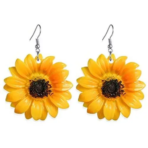 Large Sunflower Hook Dangle Earrings，Bohemian Yellow Resin Acrylic Flower Earring for Women Girls in 2020