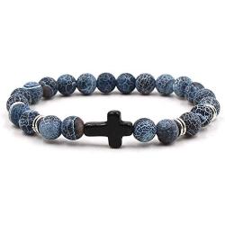 Fuqimanman2020 8 Pcs Cross Beads Bracelet Set 8mm Lava Rock Tiger Eye Stone Bracelets Turquoise Natural Stone Stretch Elastic Healing Bracelets for Women Girls Jewelry