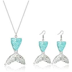 HUASAI Silver Mermaid Tail Necklace Earrings Set for Women Fishtail Charm Pendant