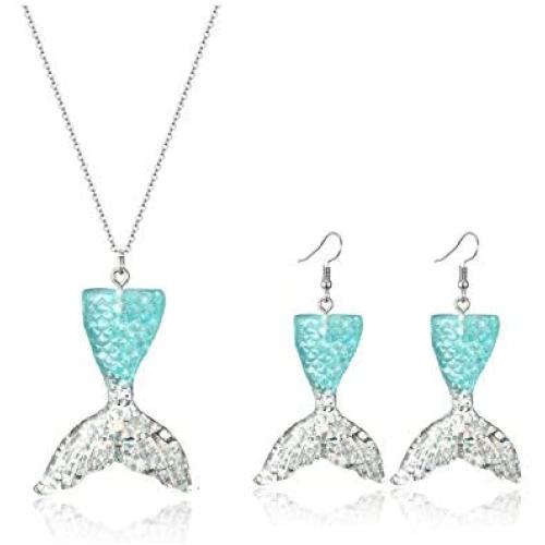 HUASAI Silver Mermaid Tail Necklace Earrings Set for Women Fishtail Charm Pendant