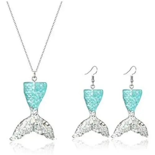 HUASAI Silver Mermaid Tail Necklace Earrings Set for Women Fishtail Charm Pendant