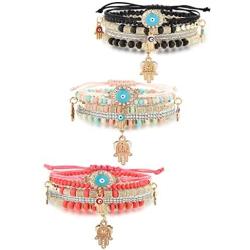 Hanpabum 3 Sets Bohemian Beaded Bracelets Set for Women Men Multilayer Hamsa Hand Evil Eye Charms Stretch Stackable Bracelet