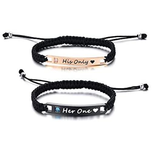 VNOX Personalized Custom Name Date Handmade Braided Rope Mutual Attraction Couples Bracelets for Him and Her Matching Relationship ID Couple Bracelets
