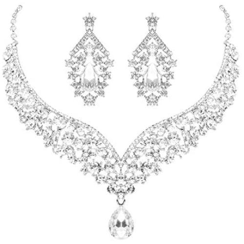Hapibuy Crystal Bridal Wedding Necklace and Earrings Jewelry Set For Women and Brides