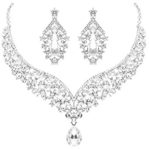 Hapibuy Crystal Bridal Wedding Necklace and Earrings Jewelry Set For Women and Brides Hapibuy Crystal Bridal Wedding Necklace and Earrings Jewelry Set For Women and Brides
