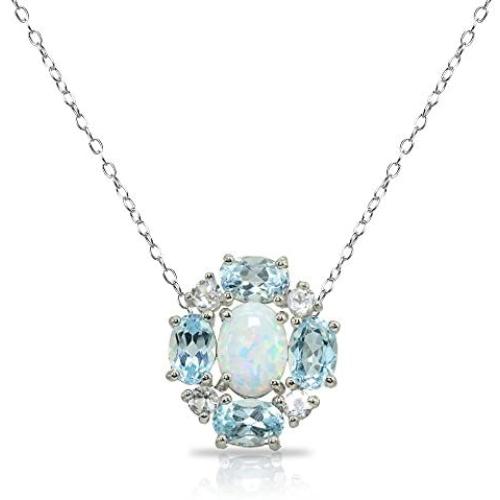 Sterling Silver Simulated or Genuine Gemstones Oval Necklace with White Topaz Accents
