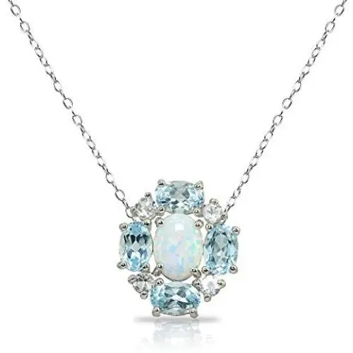 Sterling Silver Simulated or Genuine Gemstones Oval Necklace with White Topaz Accents Sterling Silver Simulated or Genuine Gemstones Oval Necklace with White Topaz Accents