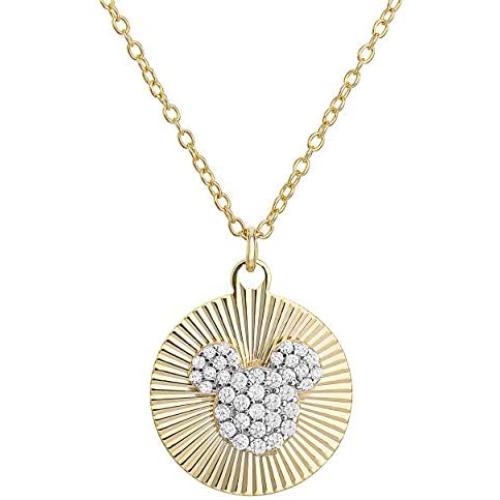 Disney Mickey and Minnie Mouse Yellow Gold Over Sterling Silver Cubic Zirconia Disc Pendant Necklace 16 + 2” Chain