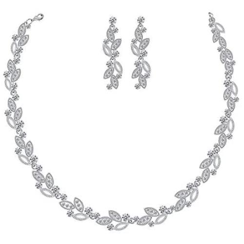 FAMARINE Silver Bridal Jewelry Set, Clear Crystal Wedding Drop Earringsnd Necklace for Bride Bridesmaid