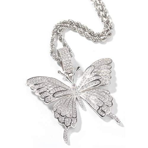 KMASAL Iced Out Chain 18K Gold Plated Fully Zirconia Simulated Diamond Butterfly Hip Hop Pendent Necklace for Men Women