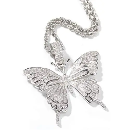 KMASAL Iced Out Chain 18K Gold Plated Fully Zirconia Simulated Diamond Butterfly Hip Hop Pendent Necklace for Men Women KMASAL Iced Out Chain 18K Gold Plated Fully Zirconia Simulated Diamond Butterfly Hip Hop Pendent Necklace for Men Women