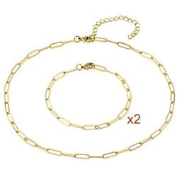 14k Real Gold Plated Paperclip Link Necklaces, 4mm Oval Chain Link Choker Necklace Bracelets,Chunky Collar Jewelry Set for Women Teens Girl