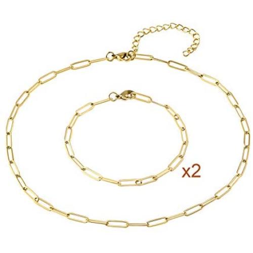 14k Real Gold Plated Paperclip Link Necklaces, 4mm Oval Chain Link Choker Necklace Bracelets,Chunky Collar Jewelry Set for Women Teens Girl