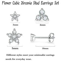 Sterling Silver Stud Earrings for Women Men, 3 Pairs Flower Cubic Zirconia Stud Earrings Set | Small Cartilage CZ Hypoallergenic Tragus Piercing Earrings for Girls Teens 3mm 4mm 5mm