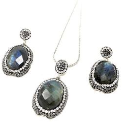 Duel On Jewel Ottoman Turkish Sultan Oxidized Sterling Silver Dangle Earring Pendant Set with Chain Gift for Her