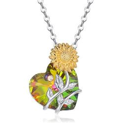Sterling Silver Necklace Sunflower Heart Design for Women with Swarovski Crystals Beautiful Gift Jewelry for Wife and Mom and Girlfriend and Girls
