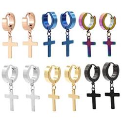 Dangling Cross Hoop Earrings Set for Men Women Stainless Steel Piercing Cross Dangle Hinged Huggie Ear Jewelry Wearing Boys Girls