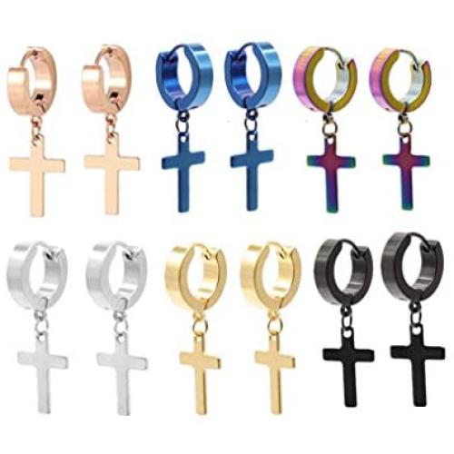 Dangling Cross Hoop Earrings Set for Men Women Stainless Steel Piercing Cross Dangle Hinged Huggie Ear Jewelry Wearing Boys Girls